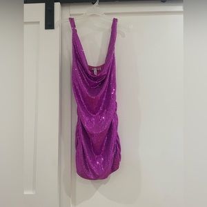 Purple Sparkly Cowl Neck Mini Dress